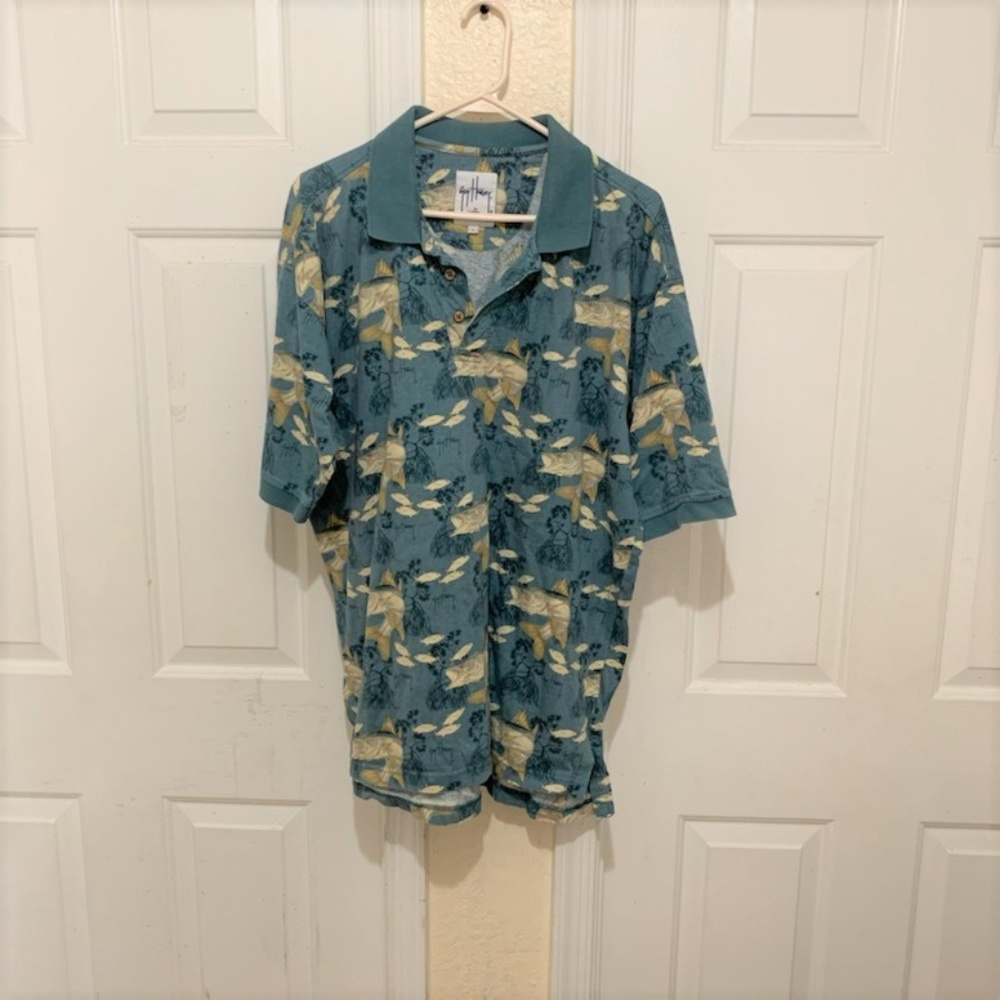 Guy Harvey Polo Shirt Fishing Green Collar Large.